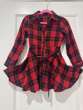 Red & Black Plaid Kids Shirt Dress with Belt